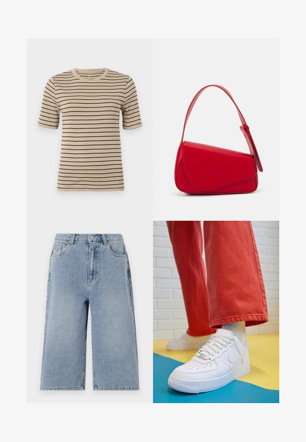 Beżowa koszulka z krótkim rękawem w czarne poziome paski. Posiada okrągły dekolt oraz miękką, gładką teksturę.; Jasnoniebieskie szorty dżinsowe o luźnym kroju, średnim stanie, z widocznymi szwami. Posiadają kieszenie boczne i tylne oraz zapięcie na guzik.; Białe skórzane sneakersy z perforowanym czubkiem, teksturowaną podeszwą i białymi sznurowadłami, w połączeniu z szerokimi czerwonymi spodniami na niebiesko-żółtym tle.; Czerwona skórzana torebka o kanciastym, geometrycznym designie. Posiada jedną regulowaną rączkę oraz zapięcie na klapę z przeszyciami.