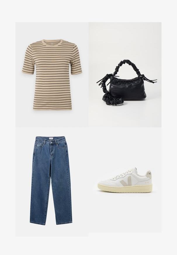 Beige tričko s krátkým rukávem a černými horizontálními pruhy. Má kulatý výstřih a jemnou, hladkou texturu.; Klasické modré džíny z denimu se střihy rovné nohy, pěti kapsami a zapínáním na knoflík. Mají střední odstín a odolnou texturu.; Bílé kožené tenisky s béžovými semišovými akcenty, perforovanou špičkou, plochými tkaničkami a strukturovanou krémovou podešví. Obsahují jemné logo na patě.; Černá kabelka z umělé kůže s krokodýlím vzorem, staženým vrškem a zmačkaným popruhem. Zdá se, že má měkký a kompaktní design.