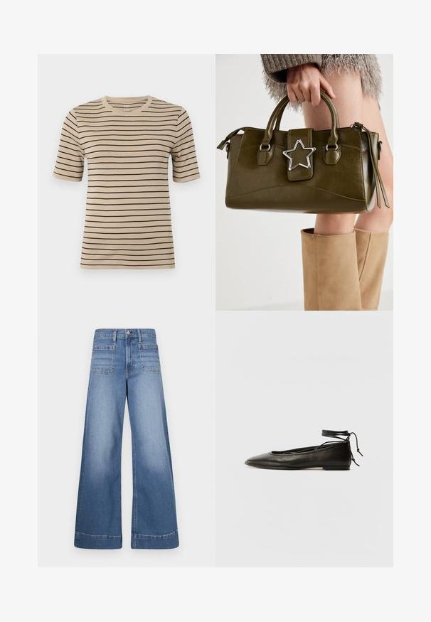 Beige kortærmet t-shirt med sorte vandrette striber. Har en rund hals og en blød, glat tekstur.; Bredde ben blå denim jeans med høj talje, to forlommer og to baglommer, med en ren finish og subtilt slid.; Sorte læder ballerinaer med spids tå, ankelbinding og flad sål, der har en glat tekstur og minimalistisk design.; Olivengrønt faux læder håndtaske med sølvstjerne accent, dobbelt håndtag og lynlås lukning. Teksturopfald og struktureret form.