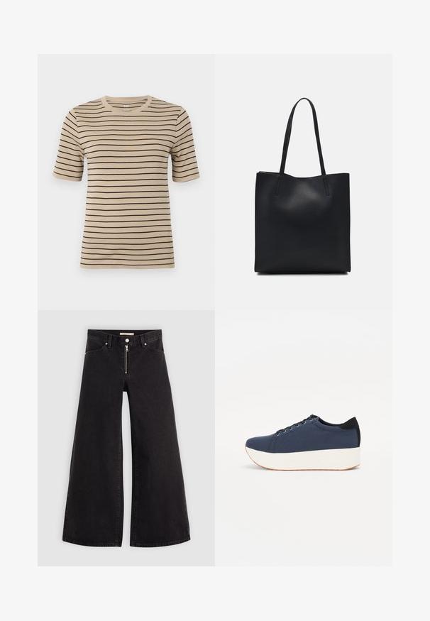 Beige short-sleeve t-shirt with black horizontal stripes. Features a round neck and a soft, smooth texture.; Wide-leg jeans in black denim with a zippered front, five-pocket design, and subtle stitching details. Smooth texture and casual style.; Navy blue sneaker with a textured fabric upper, white platform sole, rounded toe, and black heel accent. Features six eyelets for laces.; Black leather tote bag with smooth texture, rectangular shape, and two long handles. No visible hardware or embellishments.