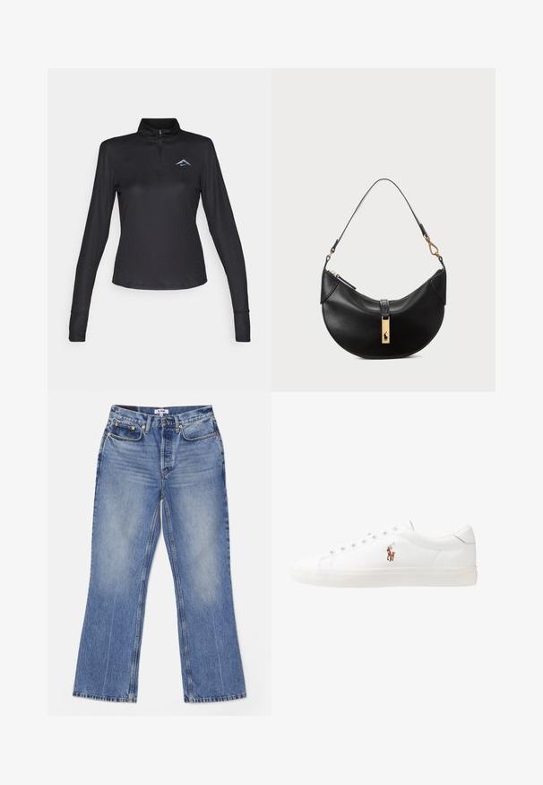Černý pulovr s dlouhým rukávem a vysokým límcem, čtvrtinovým zipem a jemným světle modrým logem na hrudi. Vyrobeno z texturované, prodyšné tkaniny.; RE/DONE LOOSE - Džíny Bootcut - hacienda; Bílé kožené tenisky, nízký střih, s hladkým povrchem, kulatou špičkou, šněrováním v přední části a malým vyšitým logem na boku.; Černá kožená kabelka ve tvaru půlměsíce. Obsahuje zlaté kovové detaily a úzký popruh. Hladký povrch, zapínání na zip na vrchu.