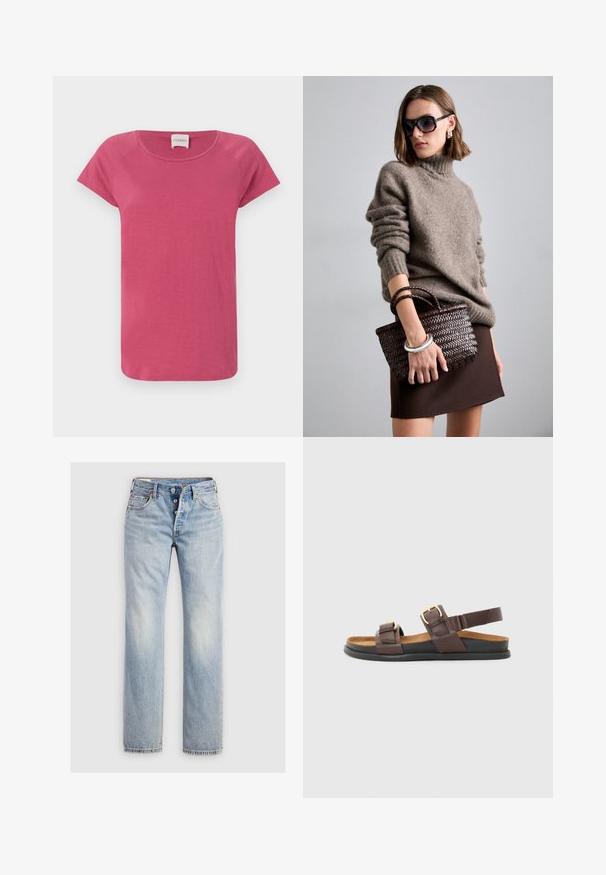 Tricou roz cu mânecă scurtă și decolteu rotund, realizat dintr-un material moale, cu mâneci raglan și o croială lejeră.; Jeans din denim de culoare albastru deschis, cu un design drept, fermoar cu cinci nasturi și buzunare din spate cu detaliu subtil de cusătură.; Sandale din piele maro care prezintă două curele ajustabile cu catarame metalice, o talpă interioară căptușită și o talpă flexibilă din cauciuc negru.; DRAGON DIFFUSION MINI FLAT GORA - Geantă de mână - dark brown