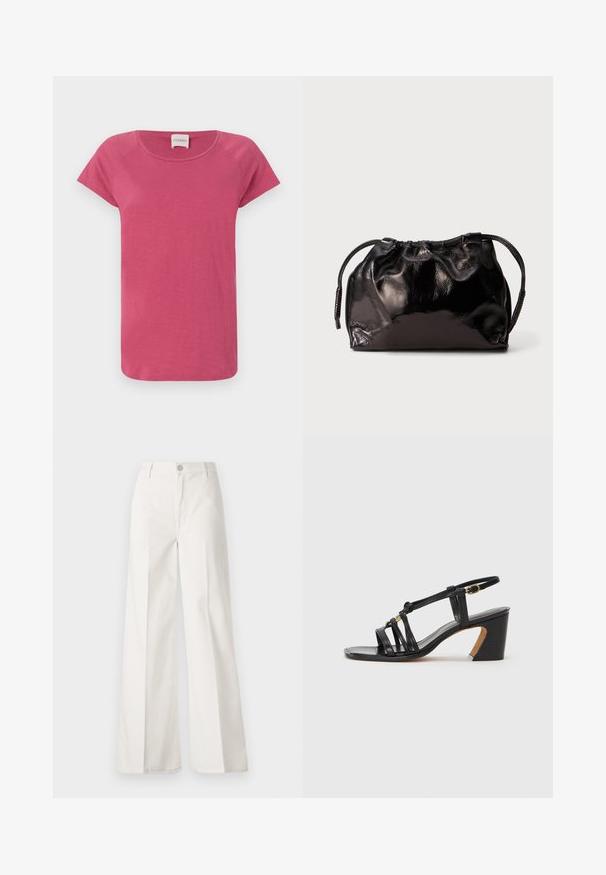 Pink short-sleeve t-shirt with a round neckline, made from soft fabric, featuring raglan sleeves and a relaxed fit.; White wide-leg trousers made from cotton with a smooth texture. Features a front button, zipper fly, and four-pocket design.; Paul Smith AMIRA - Classic heels - black; Small black glossy leather drawstring pouch with short handles on a light gray background.