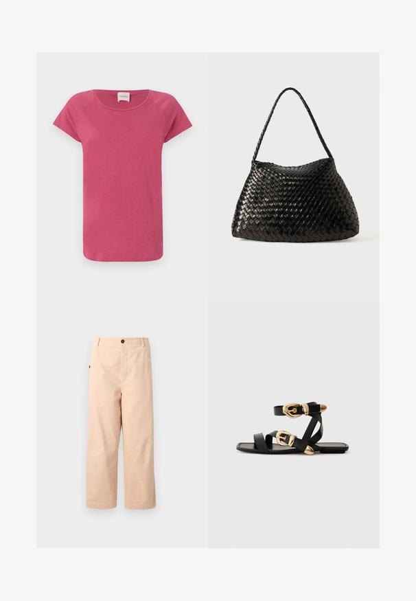 Pink short-sleeve t-shirt with a round neckline, made from soft fabric, featuring raglan sleeves and a relaxed fit.; Beige cotton cropped trousers with a straight fit, featuring a single button at the waist and side pockets. Smooth texture with no patterns.; Black leather sandals with gold buckle accents, featuring multiple straps and a flat sole design for open-toe wear.; Black woven leather handbag with a curved, soft shape and a single braided strap, featuring a smooth texture and an intricate pattern.