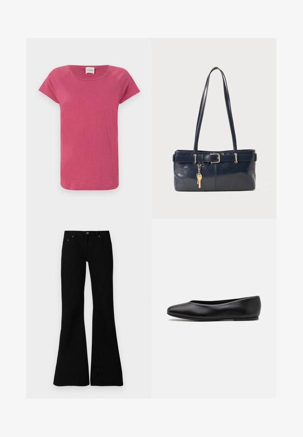 Pink short-sleeve t-shirt with a round neckline, made from soft fabric, featuring raglan sleeves and a relaxed fit.; Black flared jeans made from denim, featuring a classic five-pocket design, button closure, and subtle stitching details along the seams.; Paul Smith TOPANGA - Ballet pumps - black; Navy leather handbag with two long handles, a buckle detail, and a keychain attached. Features a smooth texture and a rectangular shape.