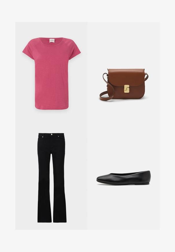 Ružičasta majica kratkih rukava s okruglim izrezom, izrađena od mekog materijala, s raglan rukavima i opuštenim krojem.; Crne široke traperice izrađene od denima, s dva prednja džepa, kopčanjem na dugme i glatkom teksturom. Potpisna šavova vidljiva na šavovima.; Paul Smith TOPANGA - Balerinke - black; Smeđa kožna torba s preklopom, zlatnim detaljima, remenom za nošenje preko ramena i glatkom teksturom. Kompaktni pravokutni oblik.