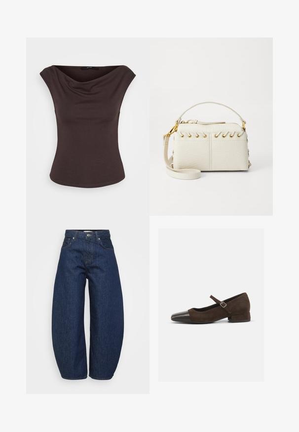 Bezrukávový tmavohnedý priliehavý top s voľným dekoltom na bielom pozadí.; Tmavomodré džínsy z denimu so širokým, voľným strihom. Majú zips na zapínanie, štyri vrecká a kontrastný šev pozdĺž švíkov.; Hnedé semišové topánky typu Mary Jane s čiernym lakovaným špičkovým krytom, nastaviteľným remienkom a nízkym blokovým podpätkom. Hladká textúra s minimálnymi akcentmi.; Biela kabelka z imitácie kože s vrchným zipsom, krátkym uchom a odnímateľným crossbody popruhom so zlatými kovovými detailmi. Bočné šnurovanie.; Strieborná kruhová náušnica s lesklým povrchom, obsahujúca malé zlaté akcenty a okrúhly tvar, nosená na lalôčiku ucha.