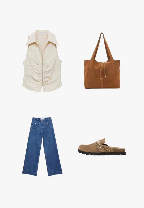 Bezrukávová krémová blúzka s špicatým golierom, vertikálnym prúžkovaným vzorom a nariasenou textúrou vpredu, ktorá má jemný lesk.; Džínsy s širokými nohavicami v stredne modrej farbe, s dvoma prednými vreckami na gombíkovné zapínanie a šitými detailmi pozdĺž lemov.; Hnedé semišové šľapky s okrúhlou špičkou, nastaviteľným prackovým popruhom a textúrovanou stielkou. Obsahuje čiernu gumovú podrážku s drážkami.; Hnedá semišová taška cez rameno s dvoma dlhými popruhmi, sťahovacou šnúrkou a minimalistickým dizajnom. Hladký povrch a žiadne viditeľné kovové doplnky.