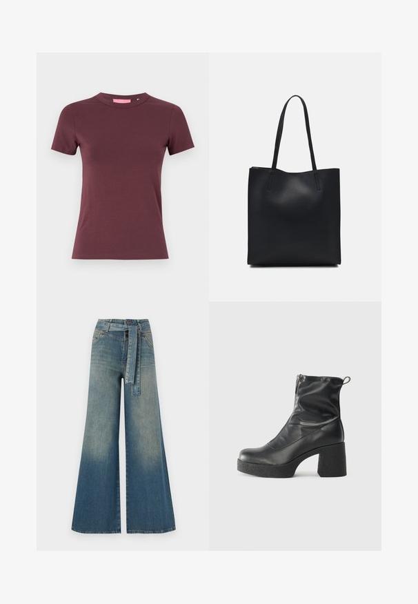 JJXX GIGI TEE - T-shirt - bas - sassafras; Breda denimbyxor med en ljus till mörkblå gradient, hög midja, bälteshällor och ett matchande tygbälte. Texturerad denimfinish.; Svarta ankelstövlar i slitstark läder, med sidodragkedja, kraftig strukturerad klack och rundad tådesign.; Svart lädertoffelväska med slät textur, rektangulär form och två långa handtag. Ingen synlig hårdvara eller dekorationer.