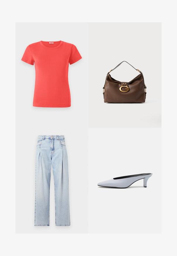 Korallinen lyhythihainen t-paita, joka on valmistettu ribbikankaasta. Ominaisuuksiin kuuluu klassinen pyöreä kaula-aukko ja vartalonmyötäinen malli. Yksinkertainen muotoilu ilman ylimääräisiä kuvioita.; Vaaleansiniset farkut, joissa on korkea vyötärö, leveälahkeinen leikkaus, kaksi sivutaskua ja pleatattu muotoilu. Pehmeä rakenne, jossa on haalistunut viimeistely.; Vaaleansiniset patentoidut korkokengät, joissa on terävä kärki, matala läpinäkyvä korko ja tyylikäs muotoilu, jossa on aukko vampissa.; Ruskea nahkalaukku, jossa on teksturoitu pinta, kultasävyisellä kiinnityksellä ja yhdellä kaarevalla olkahihnalla.