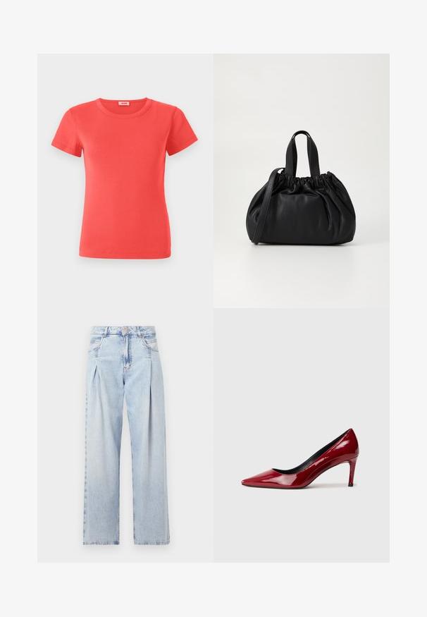 T-shirt corallo a maniche corte realizzato in tessuto a costine. Presenta un collo rotondo classico e una forma aderente. Design semplice senza ulteriori motivi.; Jeans in denim azzurro chiaro con vita alta, taglio a gamba larga, due tasche laterali e design plissettato. Texture morbida con una finitura sbiadita.; Scarpa con tacco alto in pelle verniciata rossa, con punta affusolata e tacco sottile. Texture liscia con finitura lucida e rivestimento interno nero.; Borsa a tracolla in pelle nera con design a cima arricciata, dotata di due manici corti e di una lunga tracolla regolabile. Texture liscia, forma arrotondata.