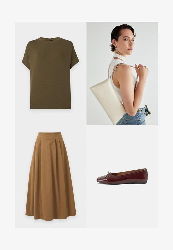 Olivenfarvet t-shirt med korte ærmer fremstillet af blødt, struktureret stof. Har en rund halsudskæring og en lige kant uden pynt.; Brun bomulds A-linjeet nederdel med høj talje, præget af læg foran og en glat tekstur. Endeafslutningerne er enkle og rene.; Bordeaux patentlæder balletflad med rund tå, lille sløjfeaccent foran og en lav, sort gummisål. Glat tekstur.; Hvid rektangulær clutch-taske lavet af skinnende materiale, med en sølv kædetransport. Modellen poser, mens hun fremviser tasken mod en ensfarvet baggrund.