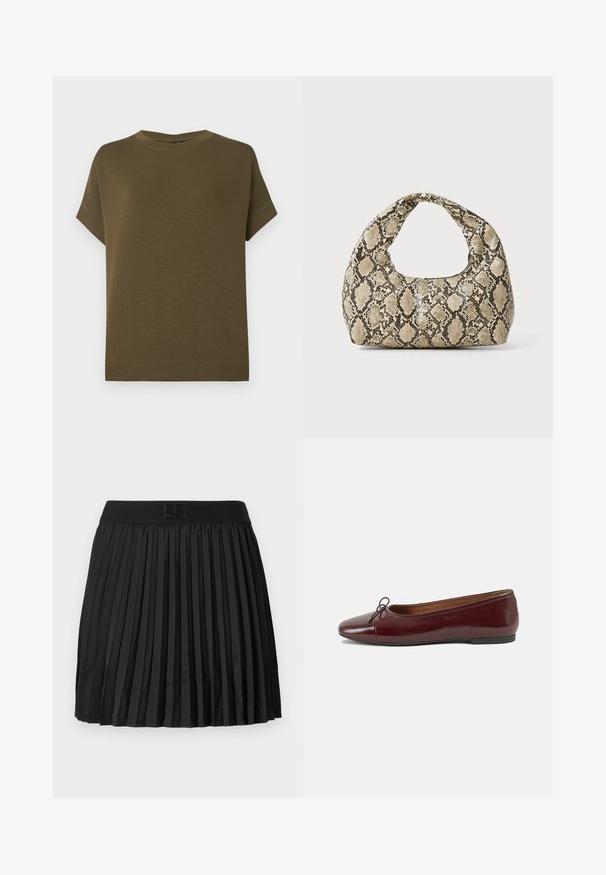 Olíva zöld, rövid ujjú póló, puha, textúrált anyagból készült. Kerek nyakkivágással és egyszerű, díszítések nélküli egyenes szegéllyel rendelkezik.; Fekete, pliszírozott szoknya sima textúrával, egyszínű fekete derékrésszel és a fronthoz írt logóval.; Burgundi lakkbőr balettcipő kerek orral, elöl kis masni díszítéssel és alacsony, fekete gumi talppal. Simára csiszolt felület.; Kígyómintás kézitáska ívelt fogantyúval. Texturált, bézs és barna anyagból készült, jellegzetes gyémántmintával.