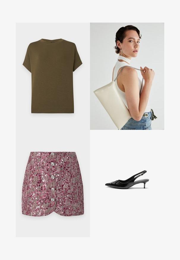 Oleśnica zielona koszulka z krótkim rękawem, wykonana z miękkiego, teksturowanego materiału. Posiada okrągły dekolt i prosty dół bez ozdób.; Różowa spódnica z cekinów o teksturowanym splocie, charakteryzująca się dopasowanym krojem i pięcioma srebrnymi guzikami z przodu. Uformowany dół i błyszczące akcenty.; Czarne skórzane szpilki na ramiączku z ostrym noskiem, małym słupkiem i ozdobnym węzłem z przodu. Gładka faktura na całej powierzchni.; Biała prostokątna kopertówka wykonana z błyszczącego materiału, z srebrnym łańcuszkiem. Modelka pozuje, prezentując torebkę na jednolitym tle.