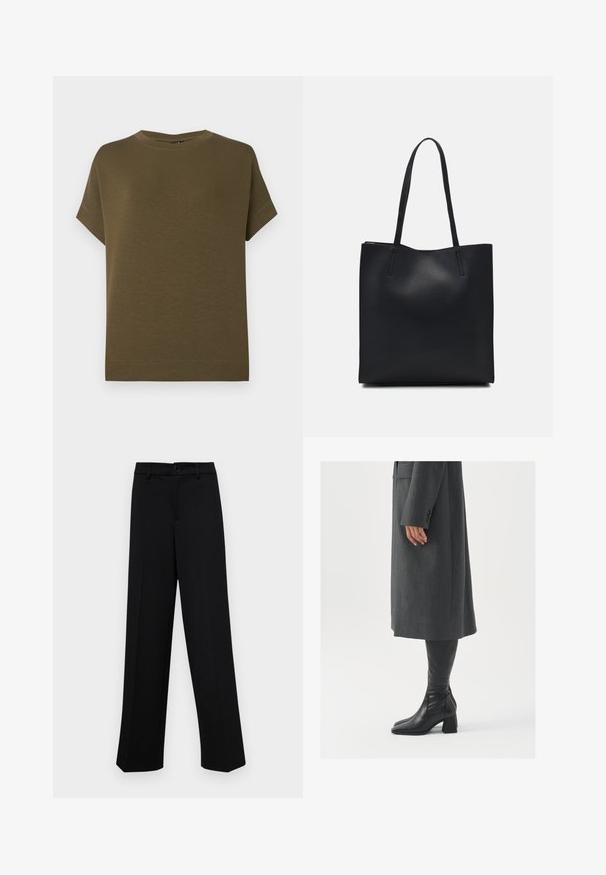 Olivovo zelené tričko s krátkym rukávom vyrobené z príjemného, textúrovaného materiálu. Má okrúhly výstrih a rovný spodný lem bez ozdôb.; Čierne široké nohavice vyrobené z hladkej látky, s klasickým pásom a zapínaním na gombík, a prednými skladmi.; Sivý, strihovo upravený kabát so rovnými líniami; doplnený o čierne kožené čižmy po kolená s štvorcovou špičkou a robustným podpätkom.; Čierna kožená taška na rameno s hladkým povrchom, obdĺžnikovým tvarom a dvoma dlhými uchami. Bez viditeľného kovania alebo ozdôb.