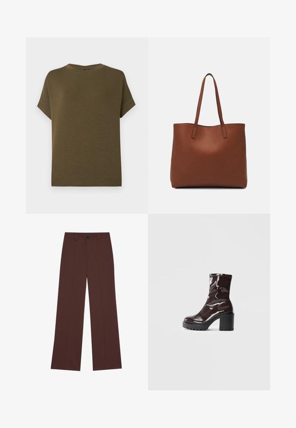 Olivinės spalvos trumpas rankovės marškinėliai, pagaminti iš minkštos, tekstūruotos medžiagos. Turi apvalų iškirpimą ir tiesų apatinį kraštą be papuošimų.; Platūs kelnės iš turtingos rudos medžiagos. Savybėse yra mygtukų uždarymas, dvi priekinės kišenės, lygi tekstūra ir švarios linijos.; Blizgus burgundių spalvos kulknapis su tankiu juodu kulnu, pasižymintis lygiu paviršiumi ir paprastu dizainu. Nėra matomų užsegimų ar raštų.; Ruda odinė priekabų krepšys su glotnia tekstūra, atviru viršumi ir dviem petnešomis. Su minimalia siuvimo detalėmis ir nematoma aparatūra.