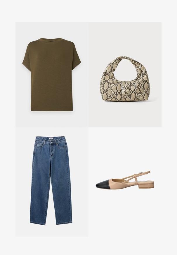 Oliivroheline lühikeste varrukatega T-särk on valmistatud pehmest, tekstureeritud kangast. Omab ümmargust kaelust ja sirget allääret ilma kaunistusteta.; Klassikalised sinised denimists teksad otsejalaga disainiga, viie taskuga ja nööbisuletusega. Omab keskmist pesu ja tugevat tekstuuri.; Beez ja must kahetooniline slingback king, millel on terav nina, lame konts ja ristuv rihma detail. Sile nahk tekstuur.; Musta käärmeprindiga kott kõveraga käepidemega. Valmistatud tekstiilsetest, beežidest ja pruunidest materjalidest, millel on iseloomulik rombikujuline muster.
