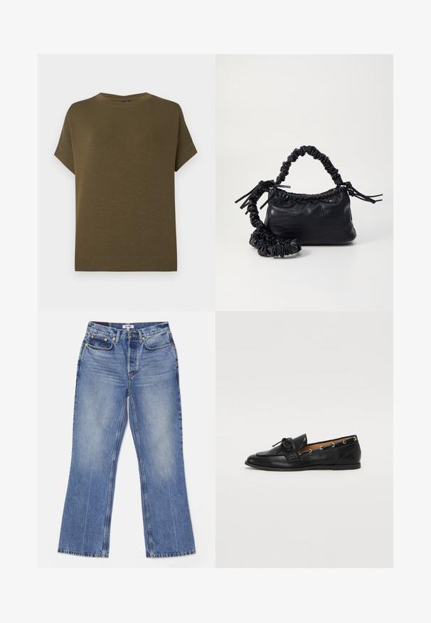 Tricou scurt cu mânecă, de culoare verde măsliniu, fabricat dintr-un material moale și texturat. Are un decolteu rotund și un tiv drept fără embellishments.; RE/DONE LOOSE - Blugi bootcut - hacienda; Mocasini din piele neagră cu fundiță legată, având accente aurii sub formă de ochiuri pe laterale și o talpă plată din cauciuc. Textură netedă, design clasic.; Geantă din faux leather neagră cu textură de crocodil, cu partea superioară strânsă și o curea mototolită. Pare moale și compactă ca design.