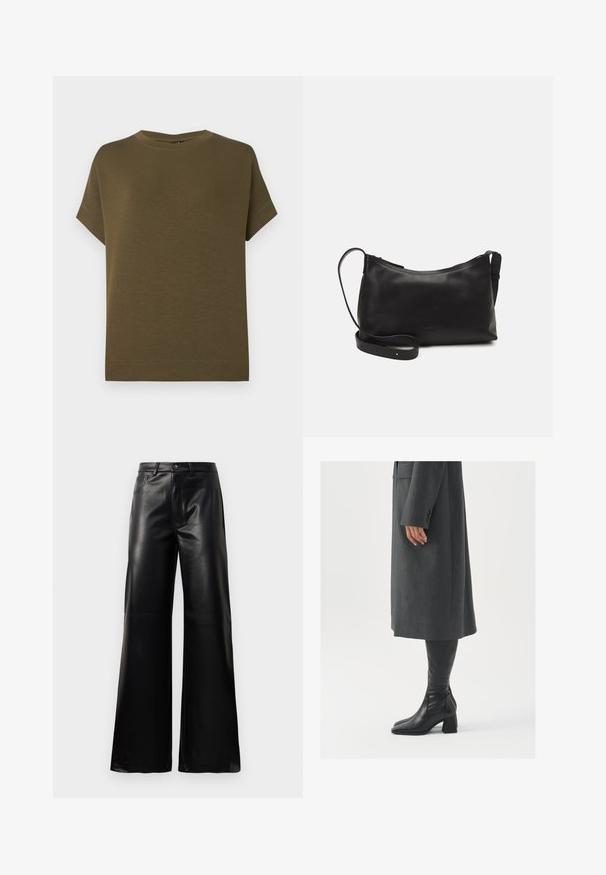 Oliivroheline lühikeste varrukatega T-särk on valmistatud pehmest, tekstureeritud kangast. Omab ümmargust kaelust ja sirget allääret ilma kaunistusteta.; Mustad talje laiad jalad kunstnahast püksid esipaneeli nööbi ja lukuga, vöödega ja küljetaskutega valge tausta peal.; Hallhalline, kohandatud ülikond jakk sirge lõikega; kombineeritud kuni põlveni ulatuvate mustade nahast saapadega, millel on nelinurkne varvas ja paks konts.; Mustmust nahk õlakotil on sile tekstuur, kumer kuju, reguleeritav rihm ja lukuga sulgemine. Minimalistlik disain ilma kaunistusteta.