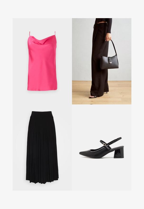 Bezramenný fuchsiový saténový top s volným výstřihem a tenkými ramínky. Hladká textura s jemným splýváním, zakončený rovním lemem na spodní straně.; Černá plisovaná sukně s vysokým, elastickým pasem. Vyrobena z měkké tkaniny, se svislými sklady pro splývavý siluetu.; Černé lakované lodičky s otevřenou patou, špičatou špičkou, zaobleným střihem a blokovým podpatkem. Zdobené akcentem v zlatém tónu.; Černá kabelka se strukturovaným tvarem, hladkým povrchem a kovovým uzávěrem. Kombinována s širokými černými kalhotami a sandály s otevřenou špičkou na dřevěné podlaze.