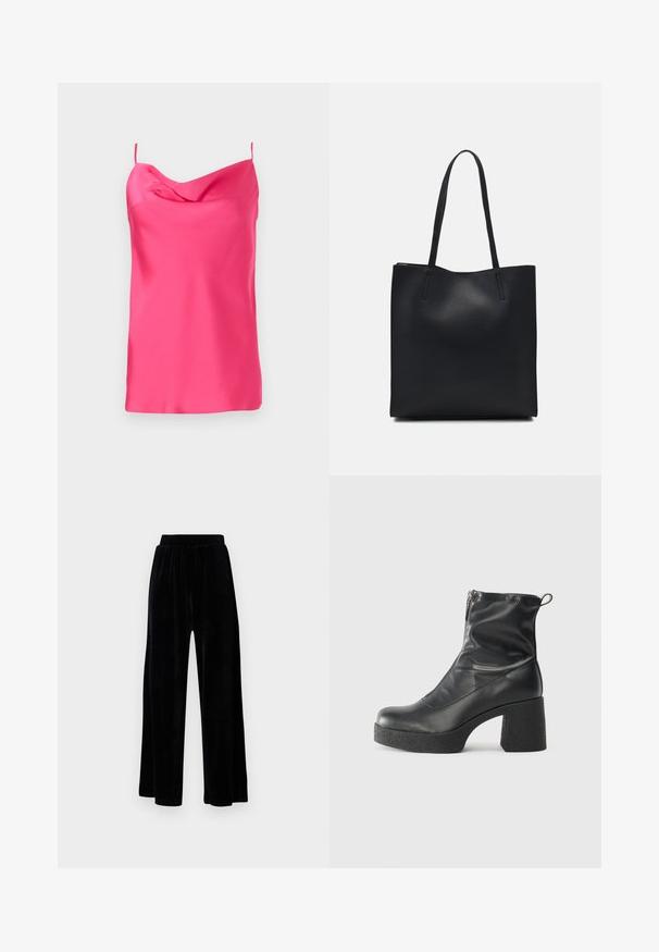 Ermeløs, fuchsia satintopp med cowl-hals og tynne stropper. Glatt tekstur med myk fall, med en rett søm på bunnen.; Sorte vide bukser laget av myk vernet, med elastisk midjebånd og en jevn tekstur, uten synlige detaljer eller mønstre.; Svarte ankelstøvler laget av glatt lær, med glidelås på siden, chunky strukturert hæl, og rund tå-design.; Svart lær tote bag med glatt tekstur, rektangulær form og to lange håndtak. Ingen synlige deler eller dekorasjoner.