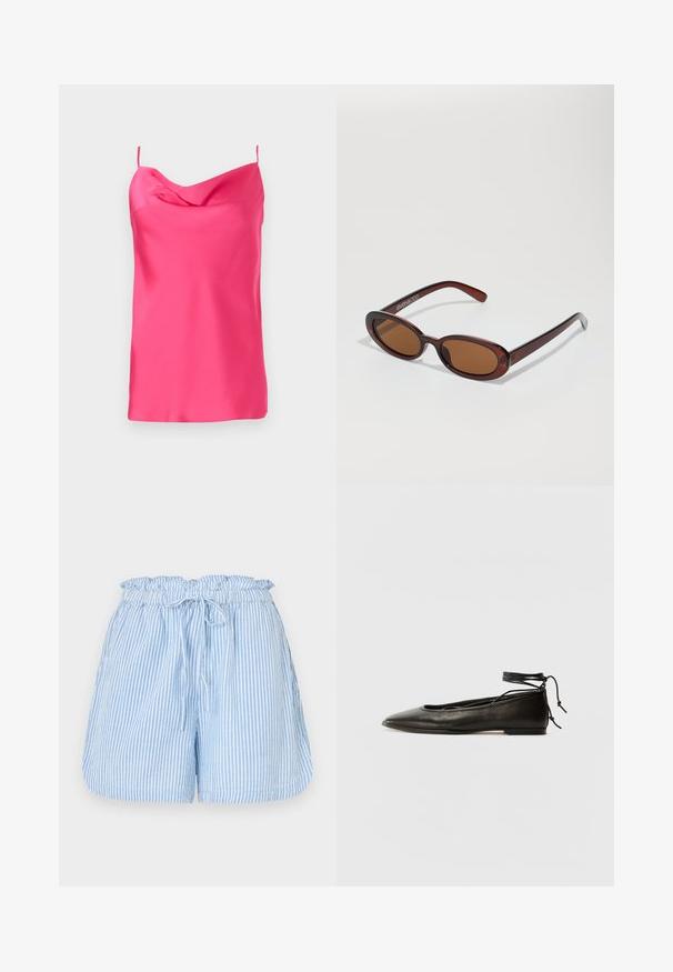 Bez rukava, fuksija satenska bluzica s cowl izrezom i tankim trakama. Glatka tekstura s mekim padajućim dizajnom, s ravnim rubom na dnu.; Šortsevi s plavim i bijelim prugama, s elastičnim pojasom i vezicom. Imaju bočne džepove i ležeran kroj. Mekana tekstura tkanine.; Crne kožne baletanke s oštrim prstom, vezanjem oko članaka i ravnim potplatom, s glatkom teksturom i minimalističkim dizajnom.; Okvir okruglih, smeđkastih sunčanih naočala s sjajnim burgundskim okvirom. Uski nositelji s suptilnim brendiranjem. Ravna leća.