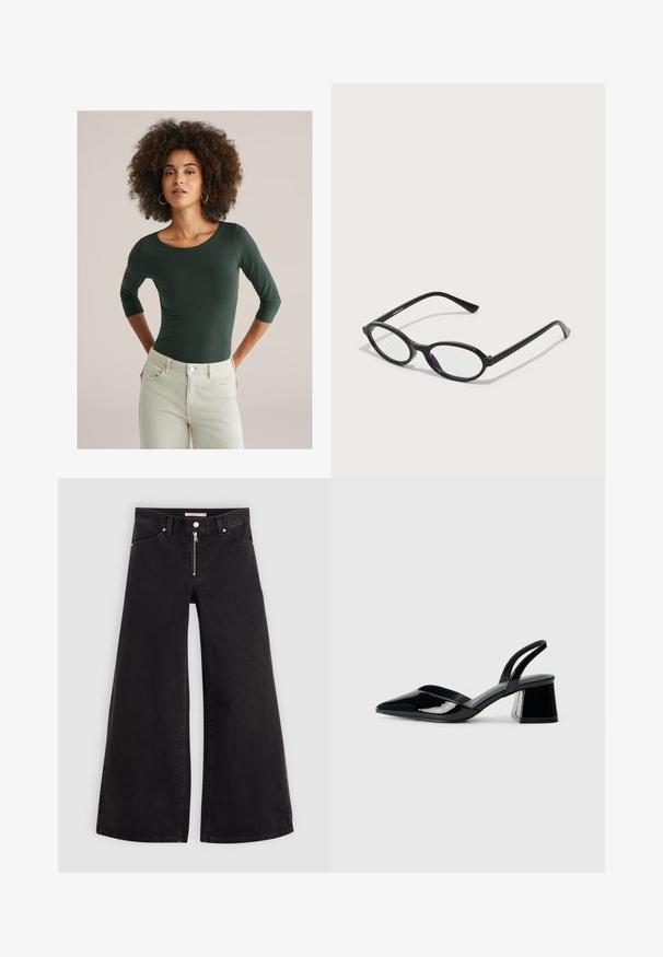 Kihara naiste juustega naine, kellel on seljas roheline kolmeveerandi varrukatega topp ja heledast beežist riidest püksid, seismas käed selja taga lihtsa tausta ees.; Laiad teksad mustast denimist, millel on lukuga eesmine osa, viie taskuga disain ja peened õmblusdetailid. Sile tekstuur ja juhuslik stiil.; Mustad musta lakknahk kingad, millel on terav varvas ja geomeetriline plokkkonts. Omab elegantselt minimalistlikku disaini ja sujuvat tekstuuri.; Must kärgpruunid raamiga prillid, millel on läbipaistvad lilla aktsendid läätsedel. Raamid on mattviimistlusega ja õhukesed, sirged tempels. ; Mustmust mustraha kõverate joontega, eemaldatava rihmaga ja kuldsete detailidega. Kotil on klapp, millel on pandladetail.