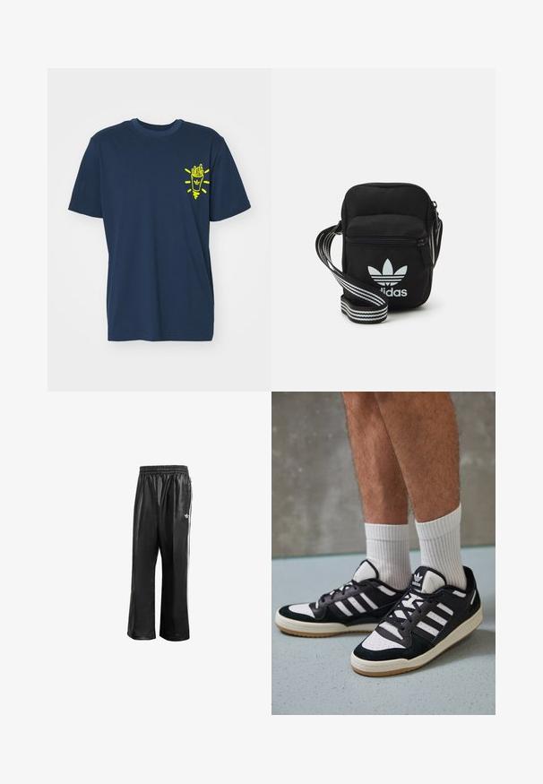 T-shirt de algodão azul marinho com um gráfico amarelo de uma chávena e batatas fritas na área do peito esquerdo. Design clássico de gola redonda.; Calças de treino sintéticas pretas com um cós elástico, apresentando riscas laterais brancas e um pequeno logótipo branco no quadril esquerdo.; Ténis em preto e branco com upper em camurça e couro, apresentando três riscas brancas, um toe perfurado e uma sola em borracha de goma.; Sacolinha transversal de tecido preto com fecho de zíper, apresentando um logo da Adidas em branco e uma alça ajustável listrada para facilitar o transporte.