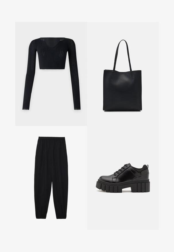 BDG Urban Outfitters GOING FOR GOLD POINTELLE - Μπλούζα με μακριά μανίκια - black; Μαύρο, ελαφρύ παντελόνι με ελαστική μέση και μαζεμένα μπατζάκια. Το ύφασμα είναι λείο και έχει χαλαρή, κωνική σχεδίαση.; Μαύρα δερμάτινα παπούτσια πλατφόρμας με παχύ μπλοκ τακούνι, στρογγυλή μύτη και παραδοσιακό σχέδιο δέσιμο. Διαθέτουν λεία υφή και ελάχιστες λεπτομέρειες.; Μαύρη δερμάτινη τσάντα tote με λείο υφή, ορθογώνιο σχήμα και δύο μακριές λαβές. Χωρίς ορατό υλικό ή διακοσμητικά στοιχεία.