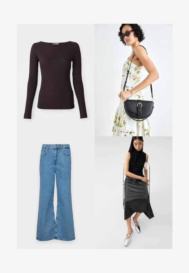 Dugi rukav ribani top u tamnoljubičastoj boji s izrezom u obliku srpa i prilagođenim siluetom. Mekana tekstura s suptilnim detaljem logotipa na prsima.; Svijetloplave traperice s flared nogavicama, visokog struka, s pet džepova i jednim dugmetom za zatvaranje. Mekani materijal s izblijedjelim izgledom.; Crna bezrukavna majica, uska crna kožna suknja s valovitim rubom i sjajne srebrne cipele s izrezanim dizajnom i detaljem kopče.; Crna kožna torba s lukovitim oblikom, odvojivim remenom i zlatnim detaljima. Torba ima preklop s kopčom.