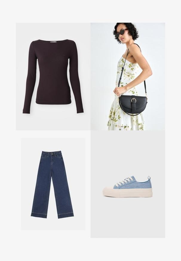 Langermet ribbet topp i mørk lilla med rund hals og tettsittende silhuett. Myk tekstur med diskret logo detalj på brystet.; Videbenede dressbukser i mørkeblå denim. Har fem lommer, beltestropper og en rå kant i bunden med synlige stikninger.; Lys blå canvastøfler med en kremfarget gummitupp og yttersåle, med hvite snørebånd og en løfteløkke på hælen.; Svart lærveske med en buet form, avtagbar stropp og gullbeslag. Vesken har et klaff med spenne-detall.