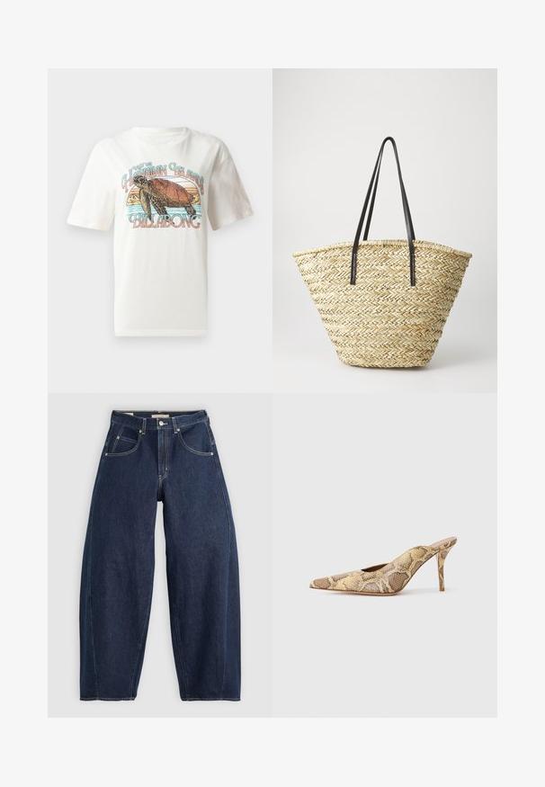 Bílý bavlněný tričko s grafickým designem želvy a hor, s textem "Navštivte Havajské ostrovy Billabong" v barevných písmenech.; Tmavě modré džíny z denimu s volným střihem, světlým prošíváním, pěti kapsami a knoflíkovým zapínáním v pase.; Sandy podpatky s špičatou špičkou v texturovaném hadím vzoru v béžových a hnědých tónech; mají jehlový podpatek a vykrojené strany.; Tkaná slámová taška s širokým, zúženým tvarem, se dvěma černými koženými uchy. Přírodní béžová barva s texturovaným povrchem.