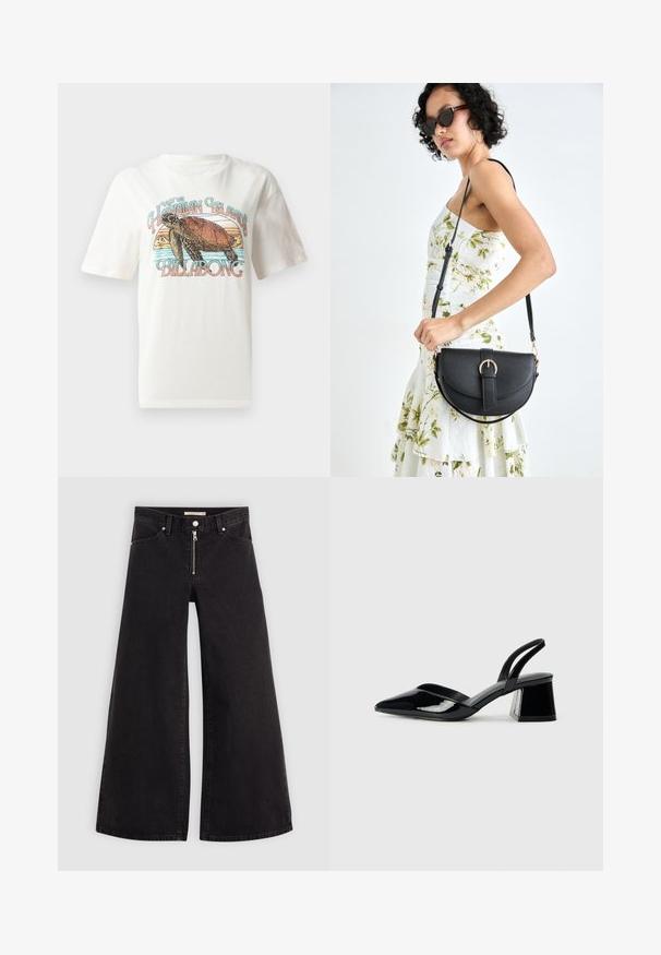 Bílý bavlněný tričko s grafickým designem želvy a hor, s textem "Navštivte Havajské ostrovy Billabong" v barevných písmenech.; Džíny s širokými nohavicemi v černém denimovém provedení se zipem vpředu, pěti kapsami a jemnými švy. Hladká textura a ležérní styl.; Černé lakované kožené lodičky na pásku s špičatou špičkou a geometrickým blokovým podpatkem. Vyznačují se elegantním, minimalistickým designem a hladkým povrchem.; Černá kožená kabelka s křivkovým tvarem, odnímatelným popruhem a zlatými detaily. Kabelka má klopu s přezkou.