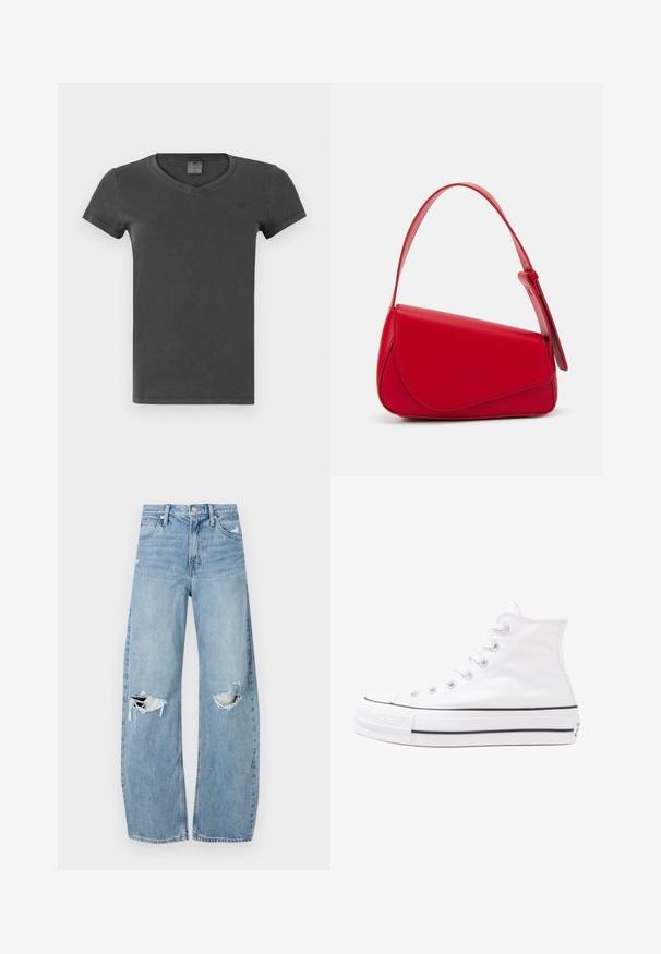 Dark gray V-neck T-shirt made from soft fabric. Features short sleeves and a small logo on the chest. Simple design with minimal detailing.; Light blue, high-waisted jeans made of denim. Feature wide legs, two torn knee areas, and classic five-pocket styling.; White high-top canvas sneaker with black rubber sole, front rubber toe cap, and six eyelets for laces, featuring a clean, minimalist design.; Red leather handbag with an angular, geometric design. Features a single adjustable strap and a flap closure with stitched detailing.
