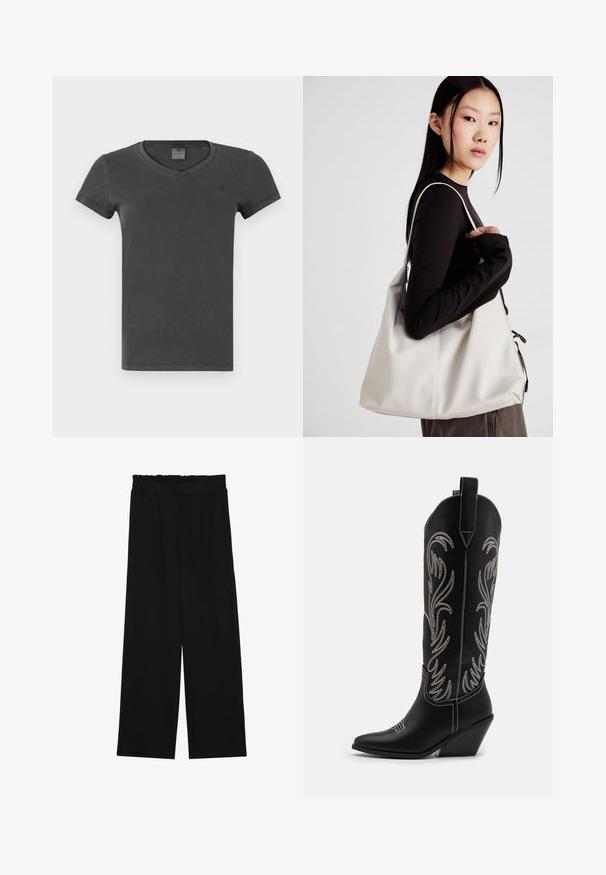 Temno siva T-shirt s V-izrezom, izdelana iz mehkega blaga. Ima kratke rokave in majhen logotip na prsih. Enostaven dizajn z minimalnimi detajli.; Črne široke hlače s nabranim pasom, ki imajo dva stranska žepa in so izdelane iz gladkega, lahkega blaga. Brez vidnih vzorcev ali kovinskega okova.; Črne usnjene kavbojske čevlje s koničastimi prsti, klinastimi petami in srebrnimi vezeninami cvetnega vzorca po vsej dolžini. Kontrastno šivanje povsod.; Bežna torbica iz mehkega materiala, z ohlapno zasnovo, šivi in dvema naramnicama. Primerna za vsakodnevno uporabo.