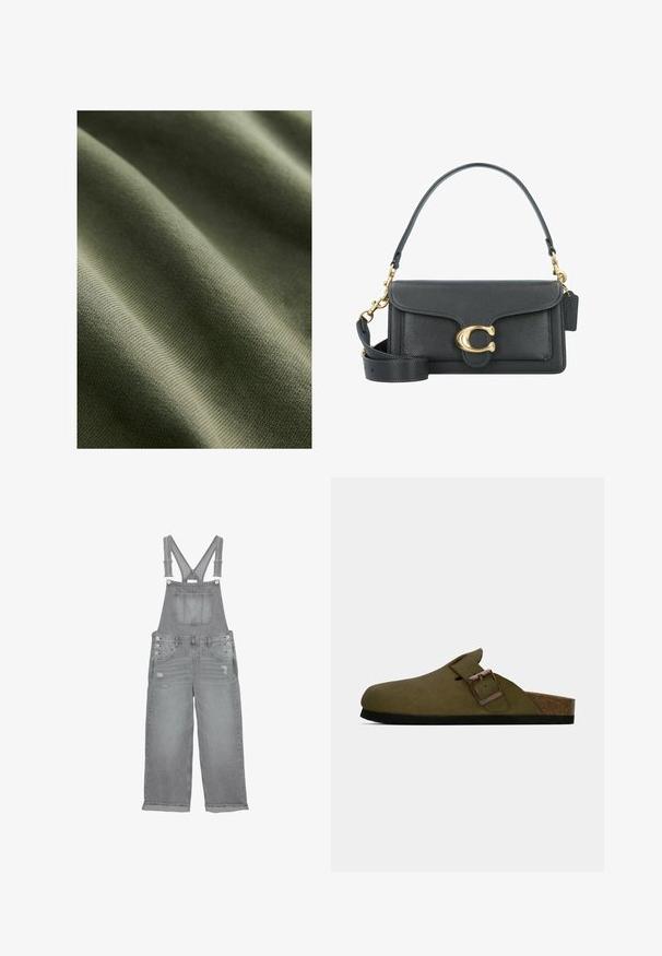 Oljen vihreä kangas, jossa on sileä pinta, hienovaraisia uria ja aaltoja, esittelee kevyttä ja joustavaa materiaalia.; Harmaat farkkuhaalarit, joissa on säädettävät hihnat, etupussukka, sivupainikkeet ja kuluneet yksityiskohdat lahkeissa.; Olivi vihreä liukusovitin, jossa on leveä säädettävä hihna ja pronssinen solki, korkkipohja ja musta kumipohja.; Mustapahalla varustettu käsilaukku, jossa on kultaiset yksityiskohdat, allekirjoitusklipsi, irrotettava olkahihna ja teksturoitu pinta.