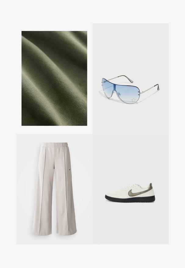 Olivově zelená látka s hladkým povrchem, s jemnými pruhy a vlnami, která předvádí lehký a pružný materiál.; Světlé šedé široké kalhoty vyrobené z hladké látky. Mají elastický pas a černé logo Nike na levé straně.; Nike Sportswear FIELD GENERAL - Tenisky - off-white/black; Pilotské sluneční brýle s modrými gradientními skly, stříbrným kovovým rámem a dekorativními hvězdnými akcenty na sklech. Hladký a elegantní design.