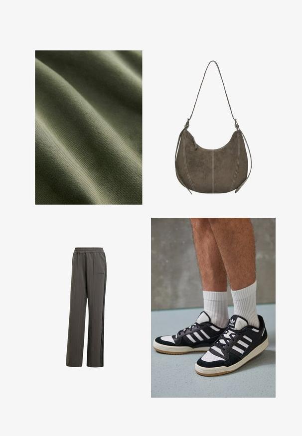 Olivengroen stof met een gladde textuur, met subtiele ribbels en golven, die een lichtgewicht, rekbaar materiaal tentoonstelt.; Grijze sweatpants met streepdessin, een elastische tailleband, zijzakken en zwarte zijstrepen. Heeft een klein merklogo aan de voorkant.; Zwart-witte sneakers met een bovenwerk van suede en leer, voorzien van drie witte strepen, een geperforeerde neus en een rubberen gumzool.; Bruin suede hobo tas met een gebogen vorm, contrasterende stiksel, enkele schouderriem en ritsafwerking. Over het algemeen een gladde textuur.