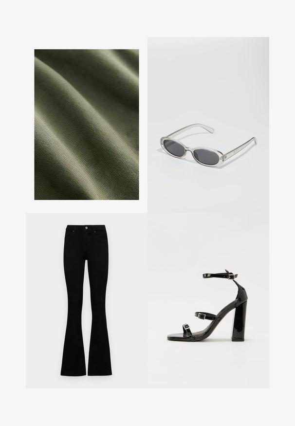 Tissue verde oliv cu o textură netedă, având striații și valuri subtile, evidențiind un material ușor și elastic.; Jeans negri cu talie înaltă, cu închidere prin nasture și fermoar, buzunare frontale și picioare evazate, așezați pe un fundal alb.; Sandale cu toc din patent negru, cu vârf pătrat, curele la gleznă și catarame din argint. Dispune de un toc gros pentru stabilitate.; Ochelari de soare cu formă ovală, ramă din plastic transparent, lentile gri închis și brațe subțiri transparente cu accente de logo și detalii minime.; Geantă din piele neagră, cu o formă curbată, curea detașabilă și accesorii aurii. Geanta are un capac cu un detaliu tip cataramă.
