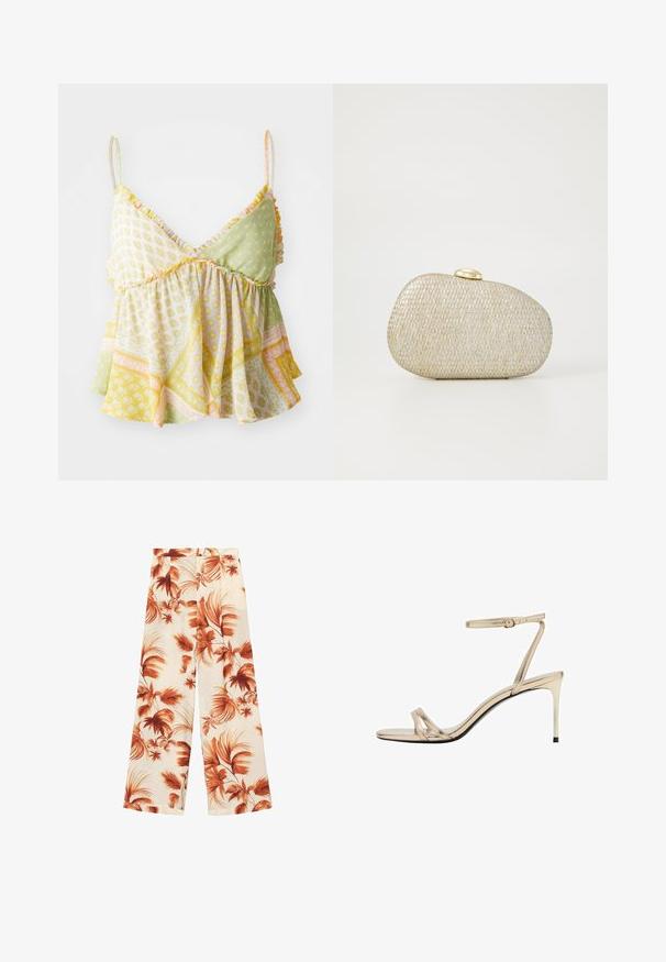 Top in camicia con stampa floreale e spalline a volant, caratterizzato da un mix di motivi verde chiaro, giallo e pesco. Tessuto morbido e leggero.; Top beige chiaro con scollatura rotonda, orlo asimmetrico e dettagli arricciati su un lato. Realizzato in un tessuto morbido e texture.; Pantaloni a gamba larga in un tessuto leggero, con una base bianco sporco decorata da grandi motivi a foglia color ruggine e una superficie morbida.; Sandalo con tacco alto in metallo dorato, con una sottile cinghia attorno alla caviglia, punta aperta e sottili cinghie incrociate. Finitura lucida con suola nera.; Clutch in metallo dorato e argentato con texture, dalla forma arrotondata e chiusura liscia in oro. Presenta un design intrecciato su tutta la superficie.