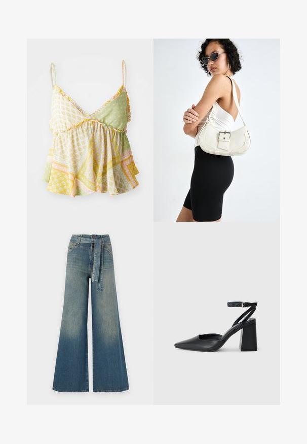 Ziedu raksta kamzips ar pūkām, kurā ir gaismas zaļas, dzeltenas un persiku krāsas raksti. Mīksta, viegla auduma.; Platām kājām džinsu bikses ar gaismas līdz tumši zilam gradientam, augstu jostas līniju, jostas cilpām un atbilstošu auduma jostu. Tekstūrēts džinsas apdare.; Melna ādas augstpapēžu kurpe ar norakstīto purngala formu, potītes siksniņu un masīlu papēdi. Gluda tekstūra, elegants dizains un minimālisma estētika.; Balta ādas rokassoma ar izliekta formu, regulējamu siksniņu un mazu sprādzi. Modelis valkā pieguļošu melnu apģērbu.