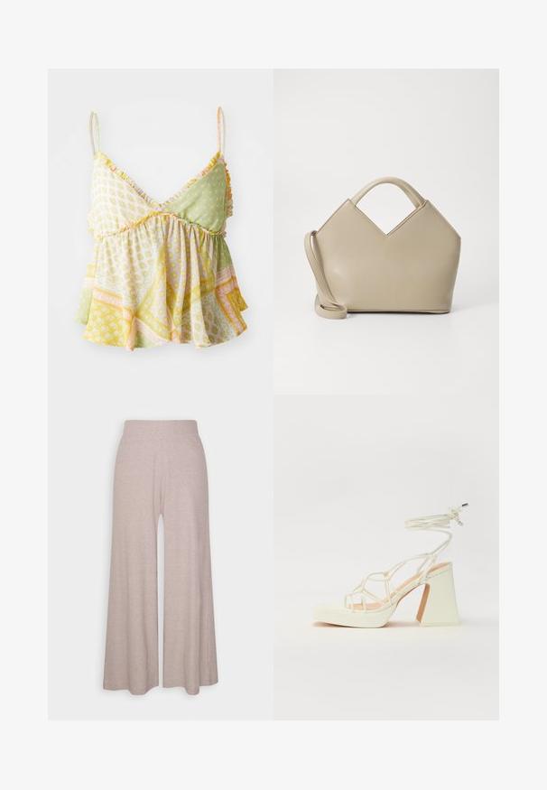 Blomstrete cami-top med volangstropper, som har en blanding av lys grønn, gul og ferskenmønstre. Mykt, lett stoff.; Lys grå vide ben bukser laget av mykt, ribbestrikket stoff, med høy midje og hel lange ben med subtil tekstur.; Hvit høyhælte sandal med kraftig hæl, med en stroppe-design og ankelbånd. Glatt tekstur med plattform foran for ekstra høyde.; Beige strukturert håndveske med V-formet topp, glatt skinnmateriale, korte håndtak og en lang justerbar stropp. Minimalistisk design.