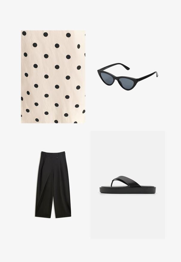 Tkanina s črnimi pikami na svetlo bež ozadju. Oblikovanje vsebuje enakomerno razporejene, trdne kroge na gladki teksturi.; Črne široke hlače iz gladkega blaga. Imajo sprednji zavihek, gumbasto zapiranje in prirejeno pasnico za eleganten videz.; Črne japonke s gladkim zgornjim trakcem in teksturiranim podplatom. Minimalističen dizajn z nizkim profilom.; Črne mačje oči sončna očala z temno sivo lečo, elegantnim plastičnim okvirjem, ostrimi koti in ravnimi vseski. Brez vidnih kovinskih delov ali okrasitev.; Naravna pletena slamnata torba z teksturirano površino, velikim odprtim vrhom, ukrivljeno obliko in temnim usnjenim ročajem. Ima črn dodatek na dnu.