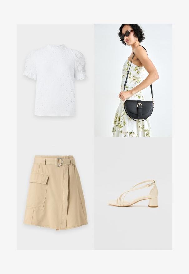 Witte blouse met korte mouwen en een hoge, geplooide kraag, voorzien van stippen en een gestructureerde pasvorm met pofmouwen.; Beige katoen rok met een zijzak, een ceintuur met een zilveren ring en een lichte A-lijn vorm. Soepele textuur en een eenvoudig ontwerp.; Beige hakken sandalen met een blockhak, strappy ontwerp en verstelbare enkelband, gemaakt van glad synthetisch materiaal met een matte afwerking.; Zwarte leren handtas met een gebogen vorm, afneembare schouderband en gouden hardware. De tas heeft een klep met een gespsluiting.