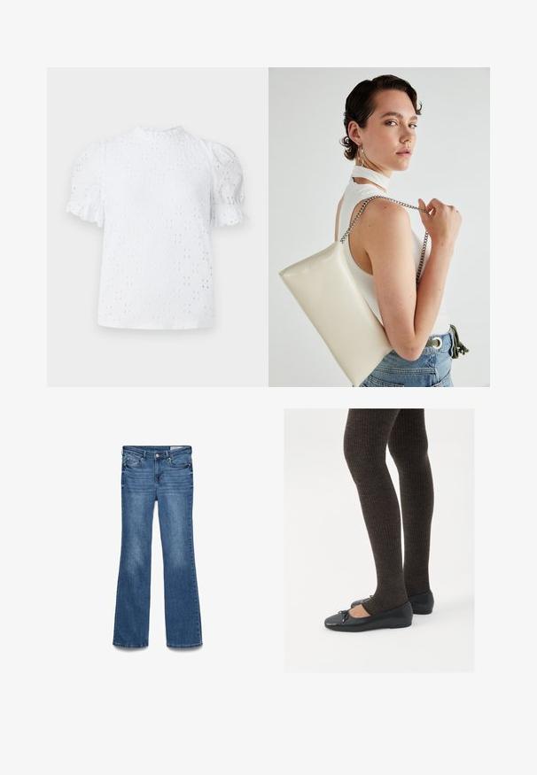 Hvit kortermet bluse med høy volangkrage, med øyelet detaljer og en strukturert passform med pufferm.; Blå denim vide jeans med middels høyde på livet, to frontlommer og en sydd midjebånd. Myk tekstur og tradisjonell fem-lommers design.; Sorte flate sko med en liten sløyfedetalj på tåen, kombinert med mørkebrune ribbede strømpebukser. Skoene har en glatt overflate og lav profil.; Hvit rektangulær clutch-veske laget av blankt materiale, med en sølvkjede-stropp. Modellen poserer og viser vesken mot en ensfarget bakgrunn.