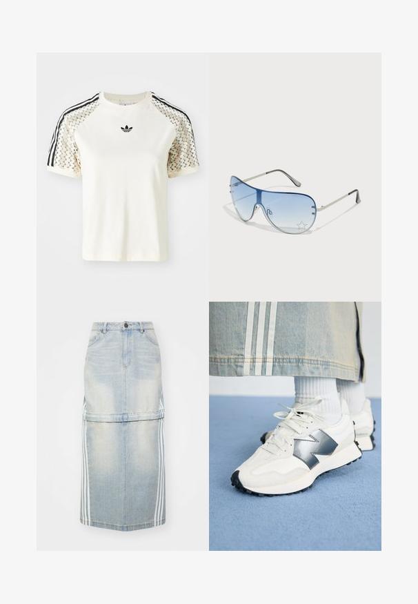 Krēmveida īsām piedurknēm t-krekls ar melnā krāsā svītrām uz pleciem, piedāvājot teksturētu dizainu un izšūtu logotipu uz krūtīm.; Gaiši zils denim midi svārks ar sānu svītrām, pieguļošu vidukli un priekšējām kabatām. Nolietots raksts piešķir detaļas.; Baltie sporta apavi ar sudraba akcentu, teksturētu audumu un gludu ādu; aprīkoti ar melnu gumijas zoli un šņorēm.; Pilotstila saulesbrilles ar gradienta zilām lēcām, sudraba metāla rāmjiem un dekoratīvām zvaigžņu akcentiem uz lēcām. Gluda un eleganta dizaina.