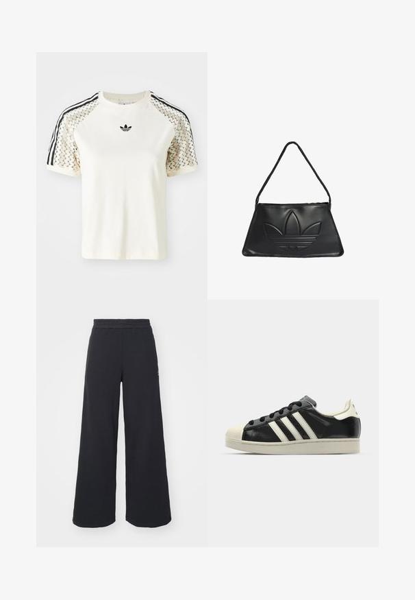 Camiseta de manga corta color crema con rayas negras en los hombros, que presenta un diseño texturizado y un logo bordado en el pecho.; Pantalones de chándal negros de pierna ancha, hechos de una tela suave, con una cintura elástica y un pequeño logo en el lado izquierdo.; Zapatilla de cuero negro con rayas blancas, puntera de goma, cordones negros y suela color crema. Textura suave con acabado brillante.; Bolso de mano de cuero negro con forma trapezoidal, que presenta un diseño del logo en relieve de Adidas y una delgada correa para el hombro. Cierre con cremallera en la parte superior.
