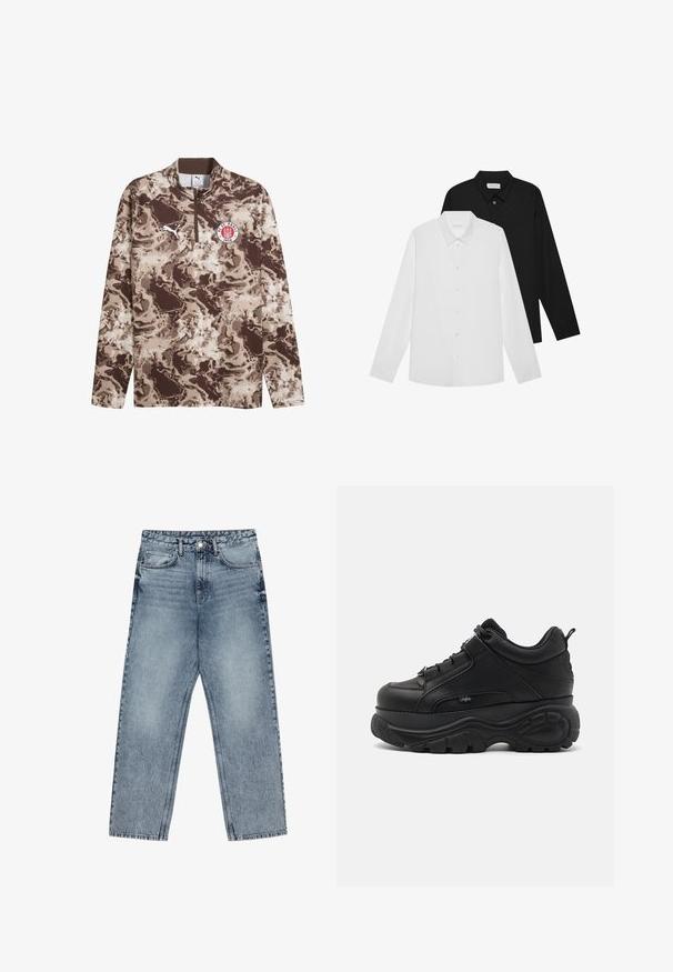 Ruskoharmaa ja beige pitkähihainen neule, jossa on vetoketjukaulus, teksturoitu camouflage-kuvio, valkoinen Puma-logo ja FC St. Pauli -logo rinnassa.; Valkoiset ja mustat pitkähihaiset paidat, joissa on terävät kaulukset, napit edessä ja sileä kangas. Tunnisteet näkyvillä sisäkauluksessa.; Vaaleansiniset farkut, joissa on suora lahje, näkyvät tikkaus, viisi taskua ja napin suljenta vyötäröllä.; Mustat nahkaiset paksupohjaiset lenkkarit, joissa on paksu kumipohja, tyylikkään muotoilun ja tekstuuriset aksentit. Varusteena nauhat ja vetotappi kantapäässä.