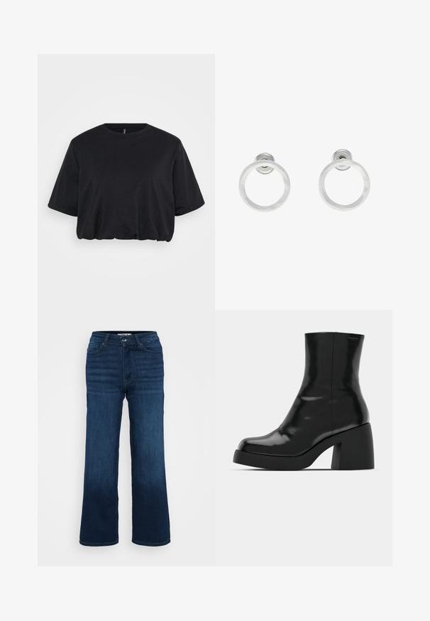Melna īsa t-kreklu T-krekls, kas izgatavots no mīksta kokvilnas, ar apaļu kakla izgriezumu un īsām piedurknēm, brīvā piegriezumā un nelielu savilkumu ap apakšmalu.; ONLY Petite ONLMADISON BLUSH WIDE - Džinsi ar platām starām - dark blue denim; Melnas potītes zābaku ar spīdīgu apdari, kvadrātveida pirkstu un biezu bloku papēdi. Dizainā ir bezšuvju siluets un minimāla zīmola identitāte.; Sudraba metāla gredzenveida auskari ar matētu faktūru, ar apaļu dizainu un caurspīdīgu aizdari, lai nodrošinātu drošu valkāšanu.