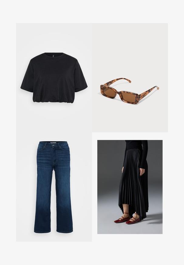 Črna skrajšana majica iz mehkega bombaža, z okroglo ovratnico in kratkimi rokavi, sproščenega kroja z rahlim nabiranjem na robu.; ONLY Petite ONLMADISON BLUSH WIDE - Široke hlačnice - dark blue denim; Črna nabrana krila z višjim sprednjim in nižjim zadnjim delom, kombinirana z sijočimi rdečimi balerinkami s trakastim dizajnom. Tkanina ima gladko teksturo.; Želve sunčane naočale s pravokutnim smešnim lećama, debelim okvirom i tankim ručkama s uzorkom različitih nijansi smeđe boje.; Srebrni uhani v obliki obroča z obliko pentlje, z gladko površino in poliranim teksturo. Kompaktna, minimalistična zasnova primerna za različne priložnosti.